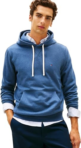 Tommy Hilfiger Hoodie Hombre Seasonal Fleece con Bolsillo Canguro, Azul (Aegean Sea Heather), S
