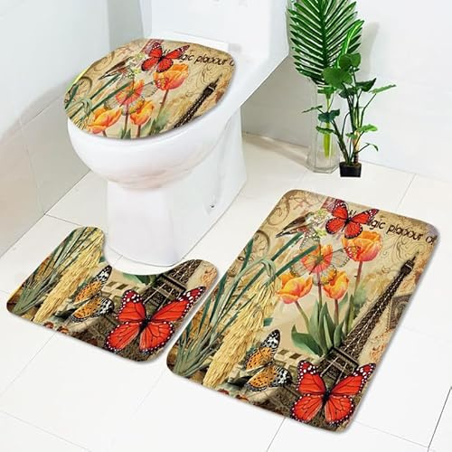 Badrumsmatta röd fjärilsblomma WC matta med utsnitt WC lockskydd 3 delar WC matta halkfri badrumsset U-formad badmatta tvättbar badrumsmatta set 50 x 80 cm
