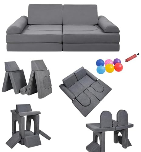 COMFYRA 10 PCS Modular Kids Play Couch with 6 Inflatable Balls – Convertible Foam and Floor Cushion Sofa for Boys and Girls, Perfect Play Couch for Toddlers, Playrooms or Bedrooms (Grey)