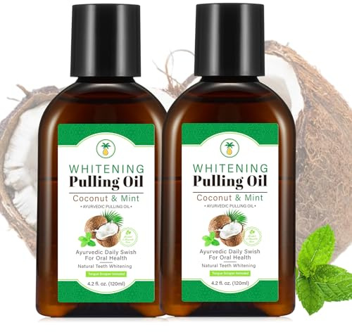 2 Pack Oil Pulling 4.2 Fl.Oz, Coconut Mint Oil Pulling Mouthwash for Fresh Breath with Tongue Scraper and Measuring Cup