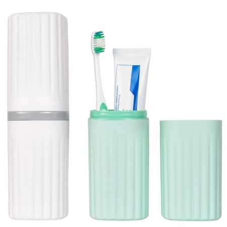 Kaiyzo Étui Brosse à Dent Voyage 2 Pièces, Gobelet & Boite Brosse a Dent Voyage Imperméable, Portable pour Maison Camping Étudiant, Vert Menthe et Blanc