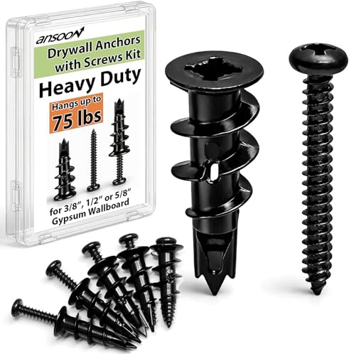 Ansoon 100Pcs #8 Self Drilling Black Metal Drywall Anchor and Screw kit, 50 Heavy Duty Sheetrock Anchors + 50 1-1/4'' Screw -Hold 75lbs for Drywall, Plaster, Hollow Door Wall Hanging or Mounting