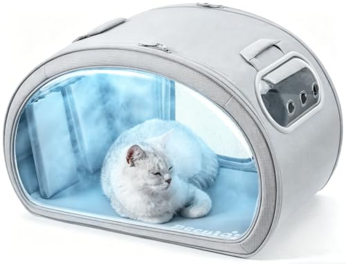 Pecute Casa Refrigerante para Gatos y Perros Pequeños, Caseta Fresca con 6 Cajas de Gel Reutilizables, Alfombrilla Refrigerante, Ventana Transparente Plegable, Tamaño M <6kg para Interior, Gris