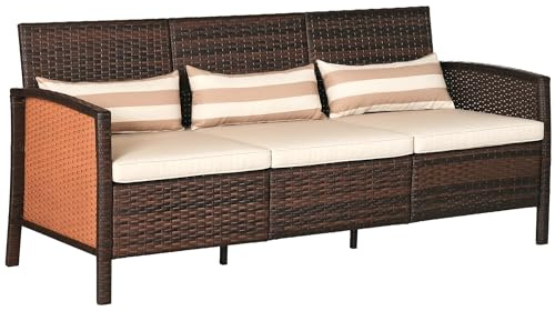 Outsunny Divanetto da Esterno 3 Posti in Rattan PE, Divano da Esterno con Cuscini Imbottiti e Removibili, per Terrazzo, Patio e Giardino, 173x68x78 cm, Marrone