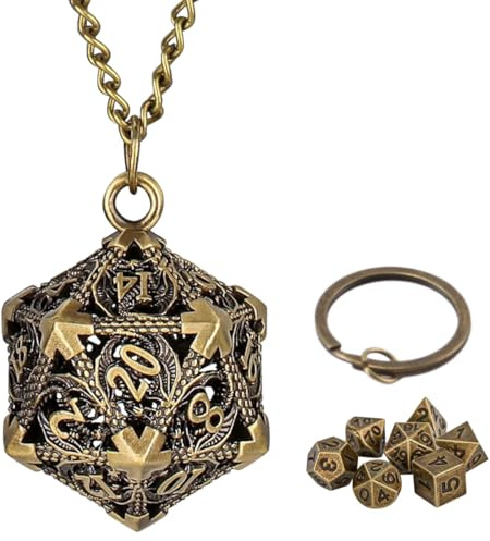 Riven Mini DND Cube Set avec porte-clés portable Collier D20 Dragon Creux Cage en métal, 7 pièces en métal polyédrique Mini Set Rouleau de jeu de société Accessoires, Bronze