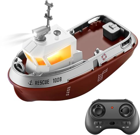 Vroomoto Bateau télécommandé Mini Bateau RC Jouet Remorqueur 2,4 GHz Double Hélice Détecteur d'eau Projecteur Cabine Lumineuse avec Chargement USB pour Enfants Garçons Filles