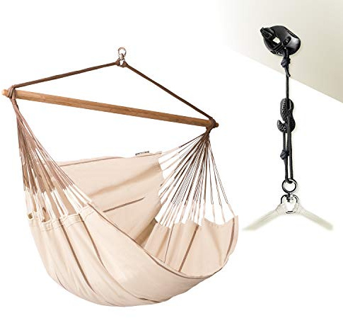 LA SIESTA®-Habana hängstol king-size fästset för avkoppling & stil: 360° vridfog, högkvalitativ bambuträ – GOTS-certifierade bomull familjer, par (Nougat)