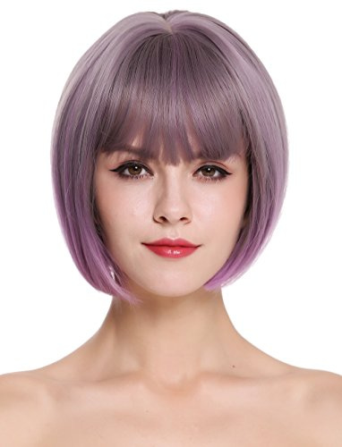 WIG ME UP- H1808-10AT366 peluca de mujer Bob pelo corto liso flequillo gris lila violeta mix