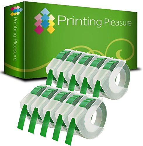 Printing Pleasure 10 Green Tapes S0898160 Embossing Labels Compatible with Junior S0717900 & Omega S0717930 Label Makers | 9mm x 3m | White Print on Green Background