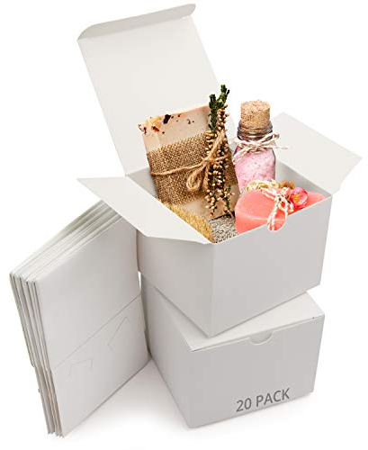 Belle Vous 20 Pack White Kraft Gift Boxes - Box Measures 12 x 12 x 9cm (4.72 x 4.72 x 3.54 inches) - Easy Assemble Presentation Favour Present Box - Parties, Birthdays, Weddings, Holidays