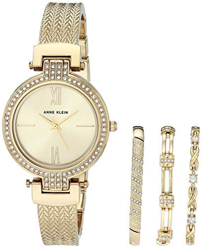 Anne Klein Women's Premium Crystal Accented Bangle Watch and Bracelet Set Gold