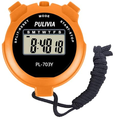 PULIVIA Sports Stopwatch Timer Lap Split Digital Stopwatch with Clock Calendar Alarm, Large Display Shockproof Stop watch for Sports Coaches Swimming Running, Orange (PL-703Y)