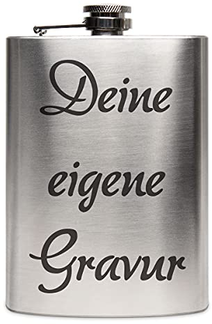 Edelstahl Flachmann 237 ml silber inkl. individuelle Gravur in Schwarz von Paule Black - personalisiertes Geschenk für Geburtstag, Weihnachten, Vatertag, Trauzeugen - 5 Zeilen