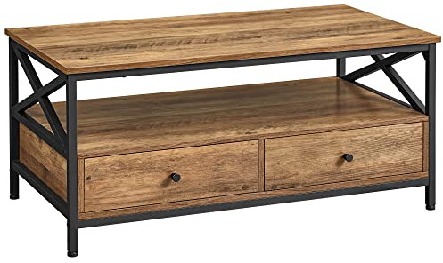 VASAGLE soffbord, vardagsrumsbord, med 2 lådor och öppen förvaringshylla, X-formad stålstomme, 100 x 55 x 45 cm, industriell stil, rustik valnöt och svart LCT201B41
