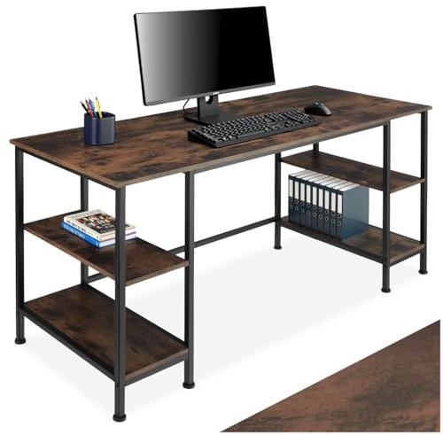 tectake® Scrivania 137 x 55 x 75 cm, Stile Industriale, Scrivania gaming, Tavolo da lavoro, perfetta per casa e ufficio, ideale per computer portatile e computer fisso, 4 ripiani - Legno Scuro