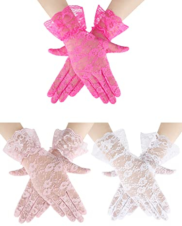 Skylety 3 Pairs Women Lace Gloves for Tea Party(White, Pink, Rose Red)