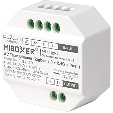 LIGHTEU®, Milight Miboxer Zigbee3.0 and 2.4GHz Push AC 100-240V Triac Dimmer for Lamps and Dimmable Spotlights, TRI-C1ZR