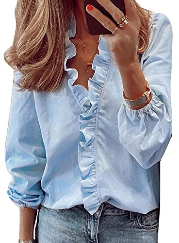 QKEPCY Camisetas de Manga Mujer Larga para Mujeres Blusa y Camisas de Manga Larga Para Mujer con Cuello en V Blusa Camisa de Manga Larga Túnica Camiseta Ropa Tops
