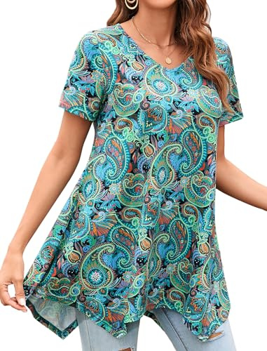 Enmain Femme Tunique Longue Ete Grande Taille Col V Chemisier à Manches Courtes Chic et élégant Tuniques à Floraux Motifs Haut Ample pour Femmes,Aqua,XL