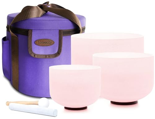 Siceeoly Set of 3 Pink Color Singing Bowls 8G 10E 12C Frosted Chakra Quartz Sound Healing Crystal Singing Bowl with Travel Carry Case Bag Mallet Suede Striker O-ring