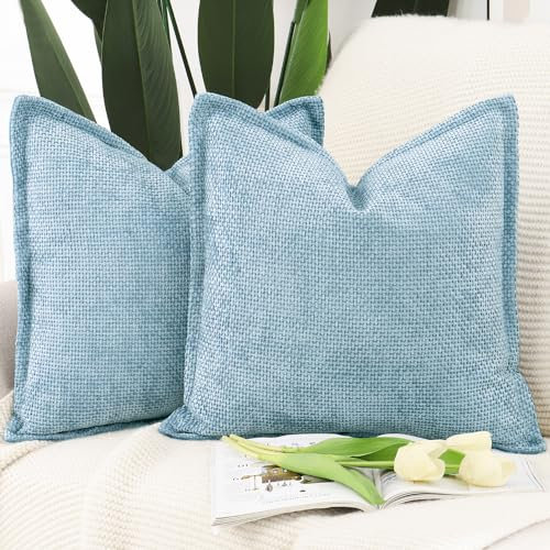 Madizz 2er Set Chenille Samt mit Rand Kissenbezüge Weiche Dekorativ Zierkissenbezüge Modern Kissenhülle für Sofa Wohnzimmer Schlafzimmer Hellblau 50x50 cm