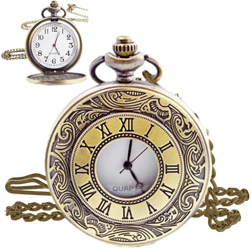 Vintage Pocket Watch, 1.85in Quartz Pocket Watch, Metal Roman Numerals Stylish Pocket Watch with Chain, Mens Birthday Gift Set Anniversary Day Husband Christmas Gifts Father's Day Gifts(Bronze Colour)