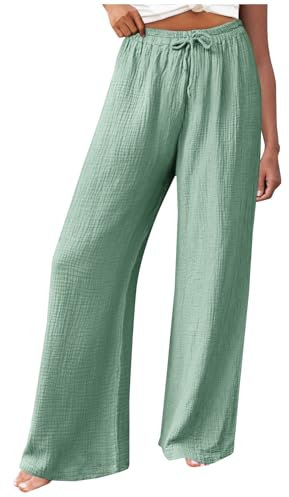 Musselin Damen Hose Elegant Leicht Casual Jogginghose Lange Locker Sommerhose Weites Bein Hosen Einfarbig Leinenhose Bequeme Stoffhose Hohe Taille Strandhose mit Taschen Freizeithose