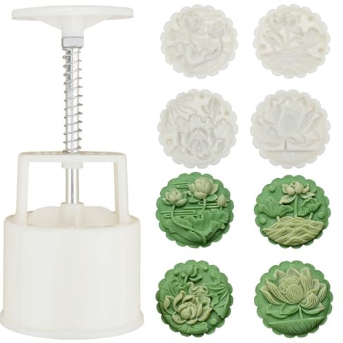 Chinesische Set aus Formen für Mondkuchen， Mondkuchenform mit 4 Ausstechformen mit einstellbarer Dicke zum Backen，DIY,Kuchen, Kekse, Desserts (F)