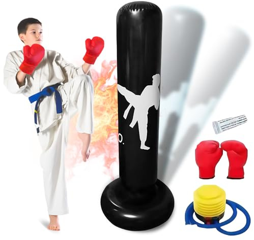 Saco de boxeo para niños con guantes de boxeo, 160 cm, saco de boxeo hinchable estable con bomba, saco de boxeo infantil, de pie, para niños para practicar karate, taekwondo