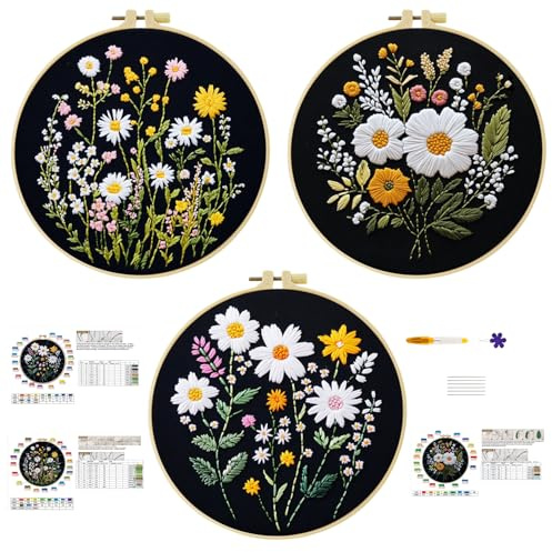 cukol cukol broderiset för nybörjare – 3 stycken blommor broderibilder för korsstygnsset vuxna, korsstygn broderiförpackningar för handarbete och nålarbetsälskare, med broderiram, broderigarr
