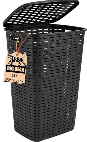 Wäschekorb mit Deckel anthrazit/bräunlich in Rattanoptik XL mit 2 Griffen Wäschetonne Plastik