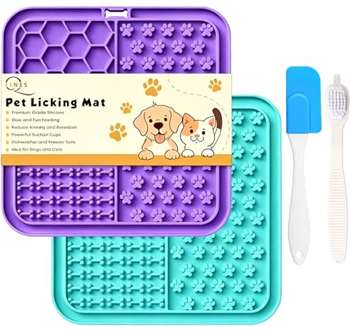 Lot de 4 Tapis Anti-Fuite pour Chien/Chat, gamelle pour Chat et Chien, Alimentation Lente, Anti-anxiété, Tapis de Nourriture pour Chiens, pour Beurre, Beurre d'arachide, entraînement (Cyan et Violet)