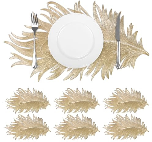 comfoyar Tischsets Gold in Form der Pfauenfeder 6er Set, 30 x 51cm Platzsets rutschfeste Abwaschbar Vinyl, Platzdeckchen wasserdichte PVC für Küche Esszimmer Restaurant Party Hochzeit Dekoration