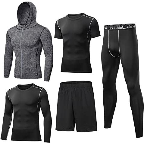 BUYJYA 5Pcs Men's Compression Pants Shirt Top Long Sleeve Jacket Athletic Sets Gym Clothing Mens Workout