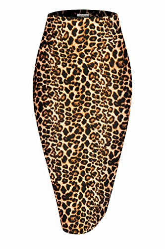 MINEFREE Women's Premium High Waist Nylon Ponte Stretch Office Pencil Skirt Leopard Cheetah ANIMALBROWN L