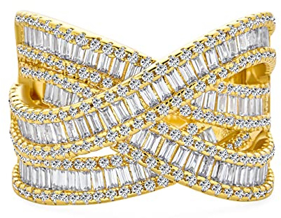 Personalizza Anello a Fascia Multipla con Zirconi Cubici AAA a Incrocio Criss Cross Costume Finto Impilabile Ampio Statement Cocktail a 4 File Baguette per Donne Placcato in Oro 14K Personalizzabile