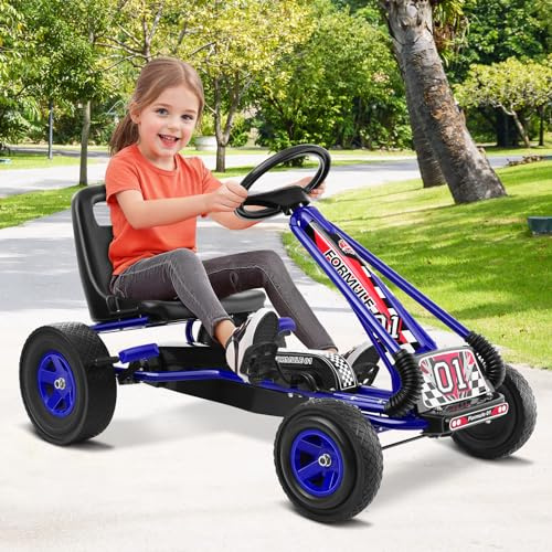 RELAX4LIFE Go Kart a Pedali per Bambini con Sedile Regolabile, Freno a Mano e Ruote Antiscivolo, Carico di 30 kg, 92 x 50 x 53 cm, per Bambini dai 3 ai 6 anni (Blu, Large)