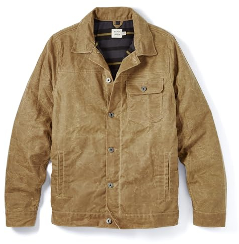 Huckberry Flint and Tinder Truckerjacke für Herren, mit Flanellfutter aus gewachstem Canvas, wasser- und wetterbeständige Herrenjacke, Feldbräune, L