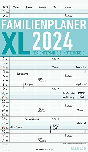 Planificateur familial XL 2024 avec 6 colonnes - Minuterie familiale 26 x 45 cm - Papier offset - Avec dates de vacances - Planificateur mural - Calendrier familial Alpha Edition