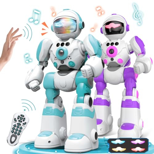 VATOS 2 piezas de juguete robot teledirigido para niños, robot RC con cambiador de voz y grabadora, movimiento de mano programable tipo C para cargar, regalo para niños y niñas, BG1538