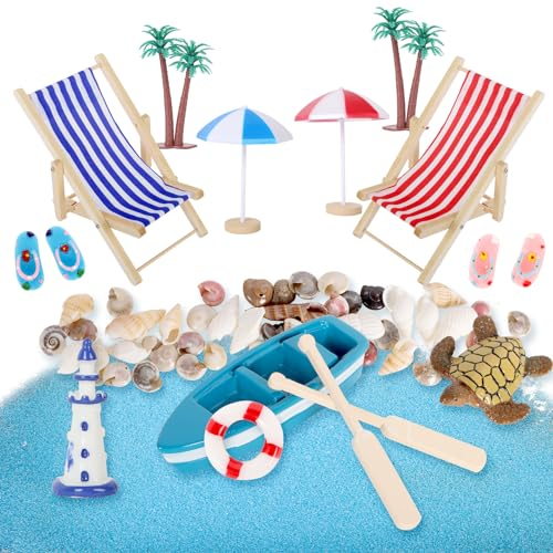 Guittly 14 Stück Strand-Mikrolandschaft Miniatur Dekoration Mini Stranddekorationen Miniliegestuhl Strandkorb Sonnenschirm Kleine Palme Strand Deko für DIY Garten Sandkasten Einzigartiges Geschenk