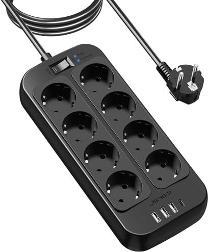JSVER Regleta USB, Proteccion Sobretension con 8 Toma de Corriente y 4 USB Puertos(5V3,4A) USB Estación de Carga Inteligente Enchufe Multiple con Cable 3m-Negro