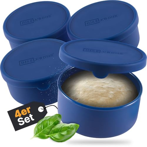 Inselkrone Pizzaballenbox mit Deckel 4er Set - Perfekt als Pizzabox, Gärbox & Teigbox - bis zu 350g Pizzateig Box - langlebiges Anti-Haft-Silikon - Ideal als Pizza Zubehör - Spülmaschinenfest - Ø14 cm