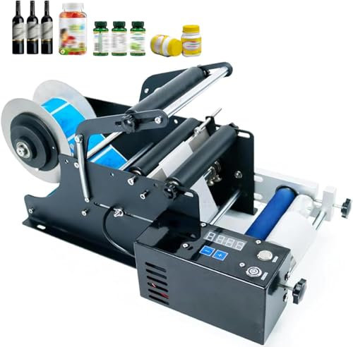 Halvautomatisk planetiketteringsmaskin, elektrisk etiketteringsmaskin för rund flasketikett Rund flasketikettapplikator, 20-40 st/min, Max etiketthöjd: 110 mm