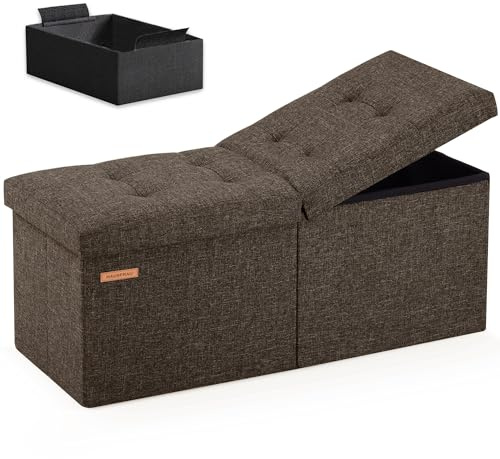 HAUSFRAU Ottoman with Storage Bench Folding Foot Rest Stool Linen Espresso