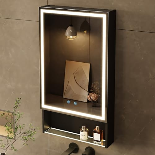 20×34 Lighted Medicine Mirror Cabinet with Storage Adjustable Brightness 3 Color Temperature Lighting Anti-Fog Sturdy Aluminum Medicine Cabinet with Lights 2 Socket & 2 USB Ports & Adjustable Shelf