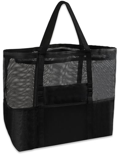 XiLayNeen Grand Sac de Plage XXL Extra Large Famille,Sac Cabas Femme en Maille Pliable avec Multi-Poches,Panier Plage Femme Anti-Sable de Rangement pour Plage,Piscine,Voyage,Shopping(L)