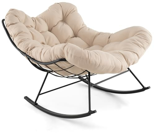 COSTWAY Silla Mecedora con Cojín Acolchado, Sillon Balancin con Estructura Metálica, Butaca Mecedora Salon Jardín Terraza Interior Exterior, 110 x 95 x 94 cm, Carga 205kg (Beige)
