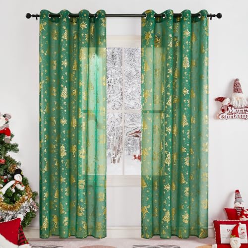 KGORGE Julgardiner för interiörer med ringar dekoration genomskinliga gardiner för vardagsrum eleganta voile gardiner sovrum 2 stycken B 140 x H 240 cm, mörkgrön