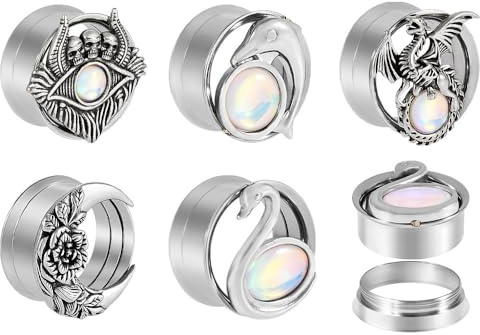 LGXLGX 1 Pair Stainless Steel Ear Tunnels Plugs - 8-25mm | Double-Flared Swan & Dolphin Design with White Sparkling Film | Secure Inner Tooth Ear Stretching Jewelry​(Rose Moon,16mm)